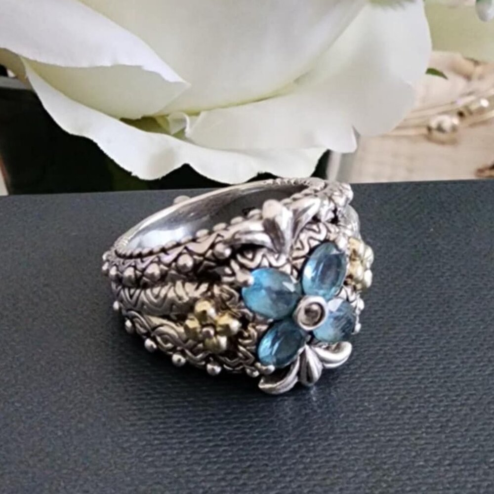 Barbara Bixby Sterling Silver 18k Gold Sapphire Flower Ring Size 8